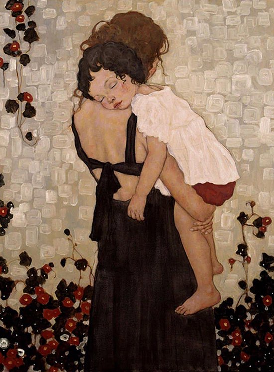 Allernieuwste.nl® Canvas Schilderij Gustav Klimt Moeder en Kind - HD Kunst Reproductie - Poster - 60 x 80 cm - Kleur