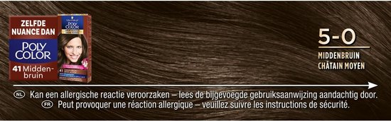Poly Color 41 Middenbruin haarverf met model. 5-0 Middenbruin. Kan allergische reactie veroorzaken.