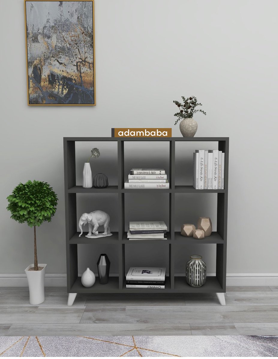 Adambaba - Kubus Boekenkast - 9 Vakken - Boekenkast met Planken - Vierkante Boekenkast - Bibliotheek - Antraciet