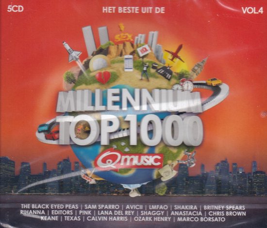 Millennium Top 1000 Vol. 4, met het Qmusic logo. De hoes toont een wereldbol met iconische gebouwen en attracties.