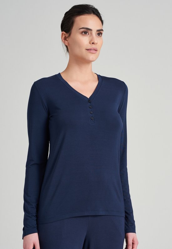 SCHIESSER Mix+Relax T-shirt - dames shirt lange mouwen modal v-hals knoopsluiting blauw