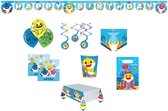 Baby Shark - Verjaardag - Versiering - Pakket - Kinderfeest - Themafeest - Slinger - Swirl decoratie - Ballonnen - Tafelkleed - Servetten - Bekers - Uitnodiging kaarten - Uitdeelzakjes
