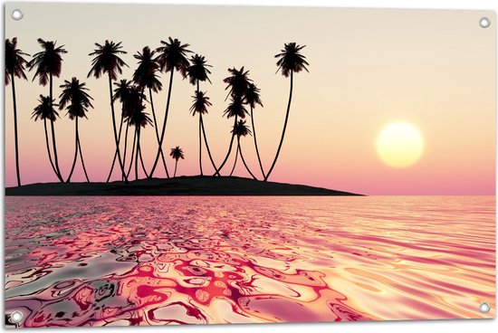 Tuinposter – Silhouet van Palmbomen op Onbewoond Eiland in de Oceaan bij Zonsondergang - 90x60 cm Foto op Tuinposter (wanddecoratie voor buiten en binnen)