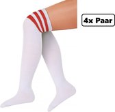 4x Paar Lange sokken wit met rode strepen - maat 36-41 - kniekousen overknee kousen sportsokken cheerleader carnaval voetbal hockey unisex festival