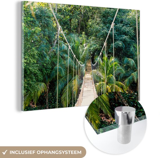 MuchoWow® Glasschilderij 90x60 cm - Schilderij acrylglas - Jungle - Palmboom - Brug - Natuur - Planten - Foto op glas - Schilderijen