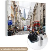 MuchoWow® Glasschilderij 30x20 cm - Schilderij acrylglas - Londen - Engeland - Bus - Foto op glas - Schilderijen