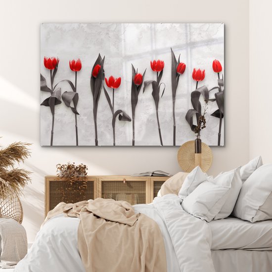 MuchoWow® Glasschilderij 150x100 cm - Schilderij acrylglas - Bloemen - Tulpen - Marmer - Foto op glas - Schilderijen