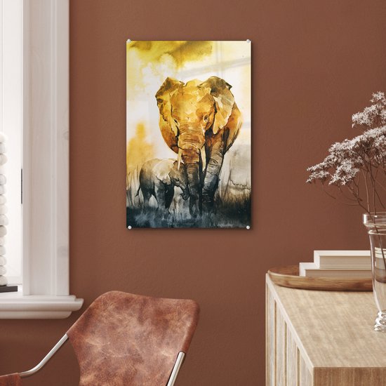 MuchoWow® Peinture sur verre 40x60 cm - Peinture sur verre acrylique - Éléphant - Enfant - Aquarelle - Photo sur verre - Peintures