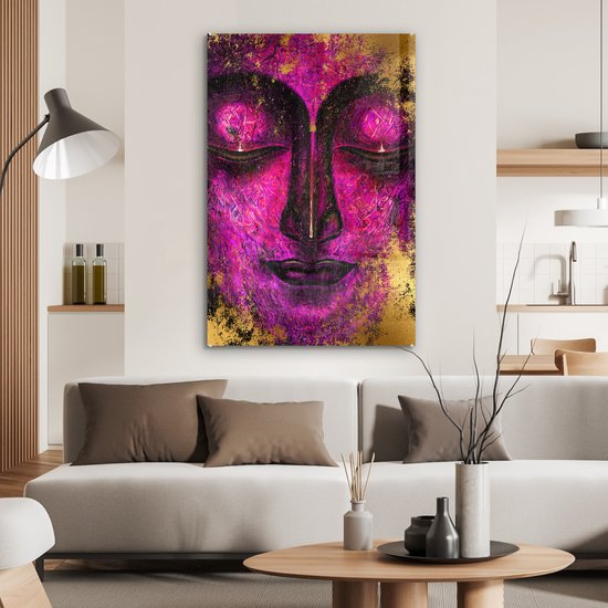 MuchoWow® Peinture sur Verre - Bouddha - Visage - Violet - 80x120 cm - Peintures sur Verre Acrylique - Photo sur Glas