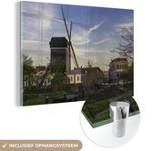 MuchoWow® Glasschilderij 180x120 cm - Schilderij acrylglas - Zon - Molen - Leiden - Foto op glas - Schilderijen