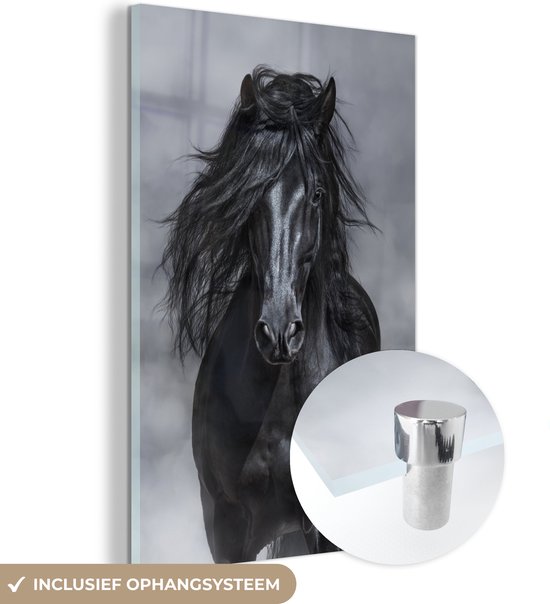 MuchoWow® Glasschilderij 100x150 cm - Schilderij acrylglas - Paard - Grijs - Zwart - Foto op glas - Schilderijen