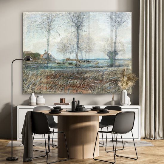MuchoWow® Peinture sur verre 160x120 cm - Peinture sur verre acrylique - Ferme avec trois grands arbres au premier plan - Piet Mondriaan - Photo sur verre - Peintures