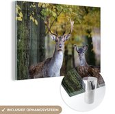 MuchoWow® Glasschilderij 90x60 cm - Schilderij acrylglas - Hert - Dieren - Boom - Foto op glas - Schilderijen