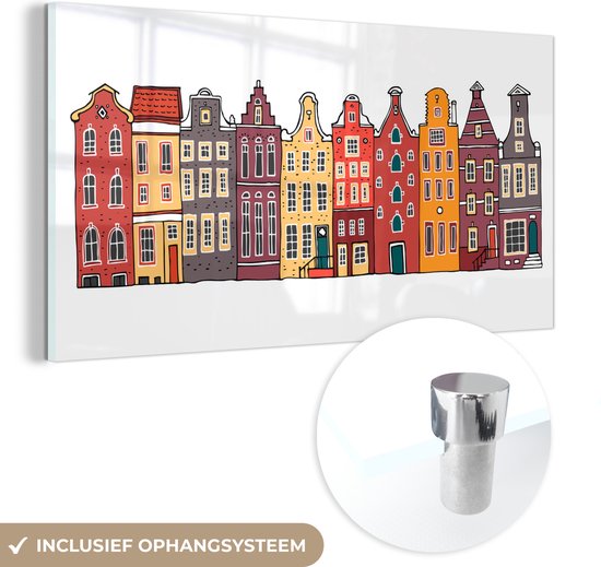 MuchoWow® Glasschilderij 40x20 cm - Schilderij acrylglas - Illustratie - Amsterdam - Huis - Foto op glas - Schilderijen