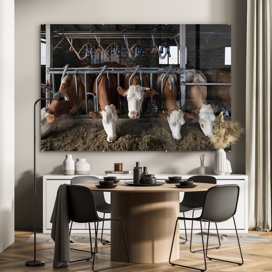 MuchoWow® Peinture sur verre 150x100 cm - Peinture sur verre - Vache - Nourriture - Ferme - Photo sur verre acrylique - Peintures