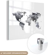 MuchoWow® Glasschilderij 90x90 cm - Schilderij acrylglas - Wereldkaart - Waterverf - Zwart Wit - Foto op glas - Schilderijen