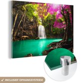 MuchoWow® Glasschilderij 90x60 cm - Schilderij acrylglas - Waterval met kleurrijke bloemen en bomen - Natuur - Jungle - Foto op glas - Schilderijen