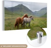 MuchoWow® Glasschilderij 160x80 cm - Schilderij acrylglas - Paarden - Gras - Bergen - Foto op glas - Schilderijen