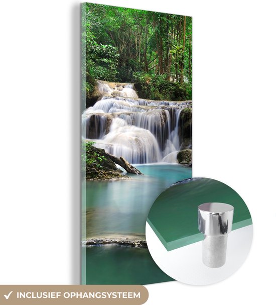 MuchoWow® Glasschilderij 40x80 cm - Schilderij acrylglas - Een waterval met bomen in het Thaise Nationaal park Erawan - Foto op glas - Schilderijen