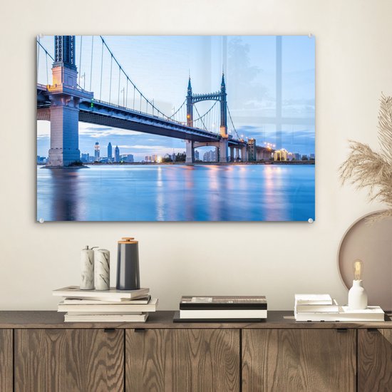 ® Glasschilderij 60x40 cm - Schilderij acrylglas - De brug over de rivier die naar Harbin loopt - Foto op glas - Muurdecoratie woonkamer - Wanddecoratie slaapkamer - Schilderijen