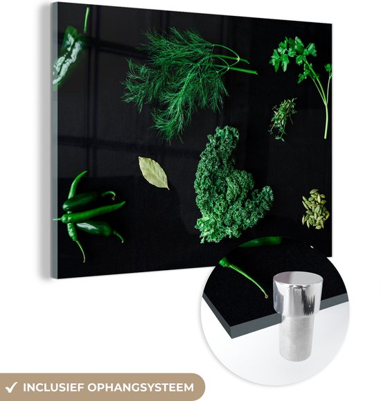 MuchoWow® Peinture sur Verre - Épices et Herbes sur Fond Noir - 160x120 cm - Peintures sur Verre Acrylique - Photo sur Glas