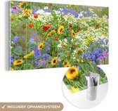 MuchoWow® Glasschilderij 160x80 cm - Schilderij acrylglas - Siergras met verschillende bloemen - Foto op glas - Schilderijen