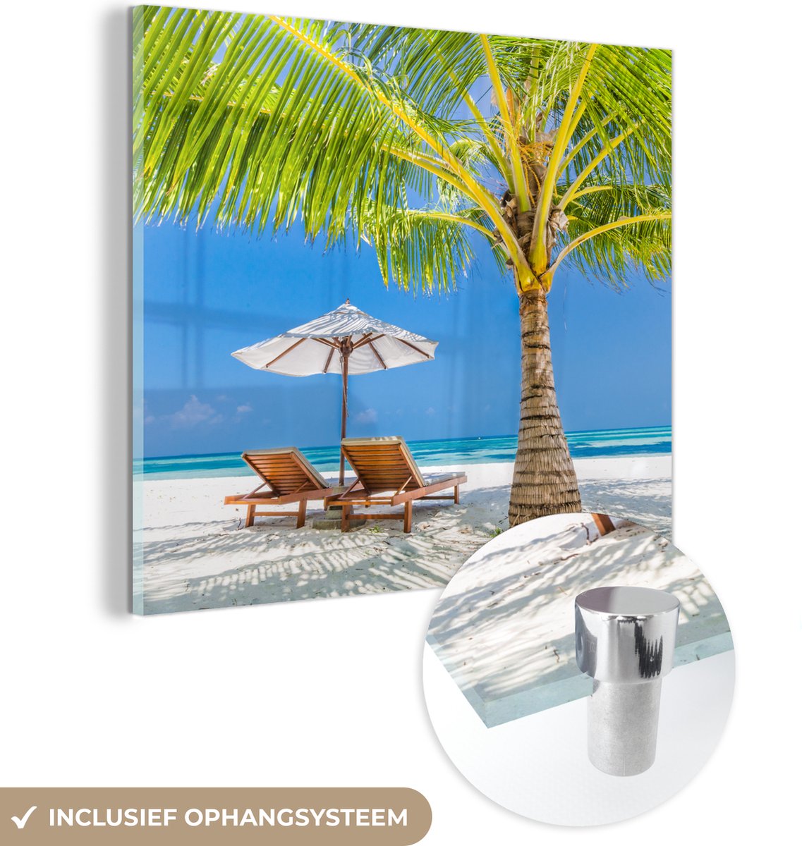 ® Glasschilderij 90x90 cm - Schilderij acrylglas - Palmboom - Strandstoel - Parasol - Foto