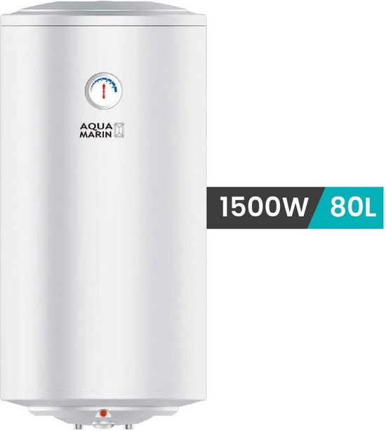 Aquamarin - Boiler - Elektrische boiler - Boiler 80 liter - Waterboiler - Waterverwarmer - Met ingebouwde thermometer - Antikalk - 1500W - 24,1 kg - Wit - H 95,5 cm x B 41 cm