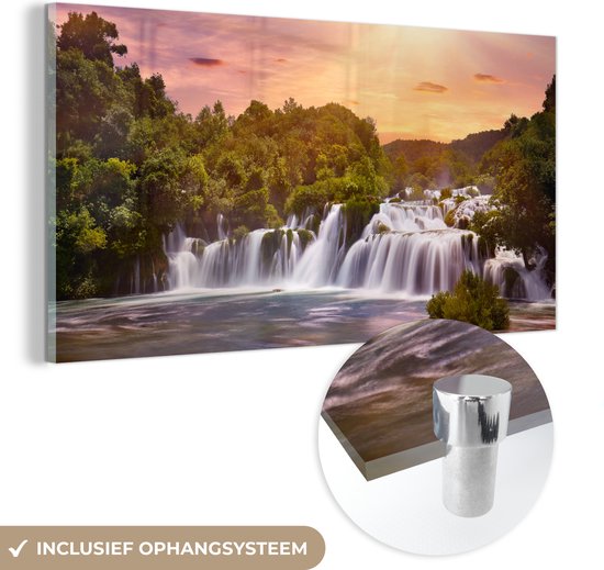 Glasschilderij - Acrylplaat - Waterval - Zonsondergang - Bos - Schilderij natuur - Foto op glas - Wanddecoratie - Schilderij glas - 120x60 cm - Acrylglas - Schilderijen woonkamer