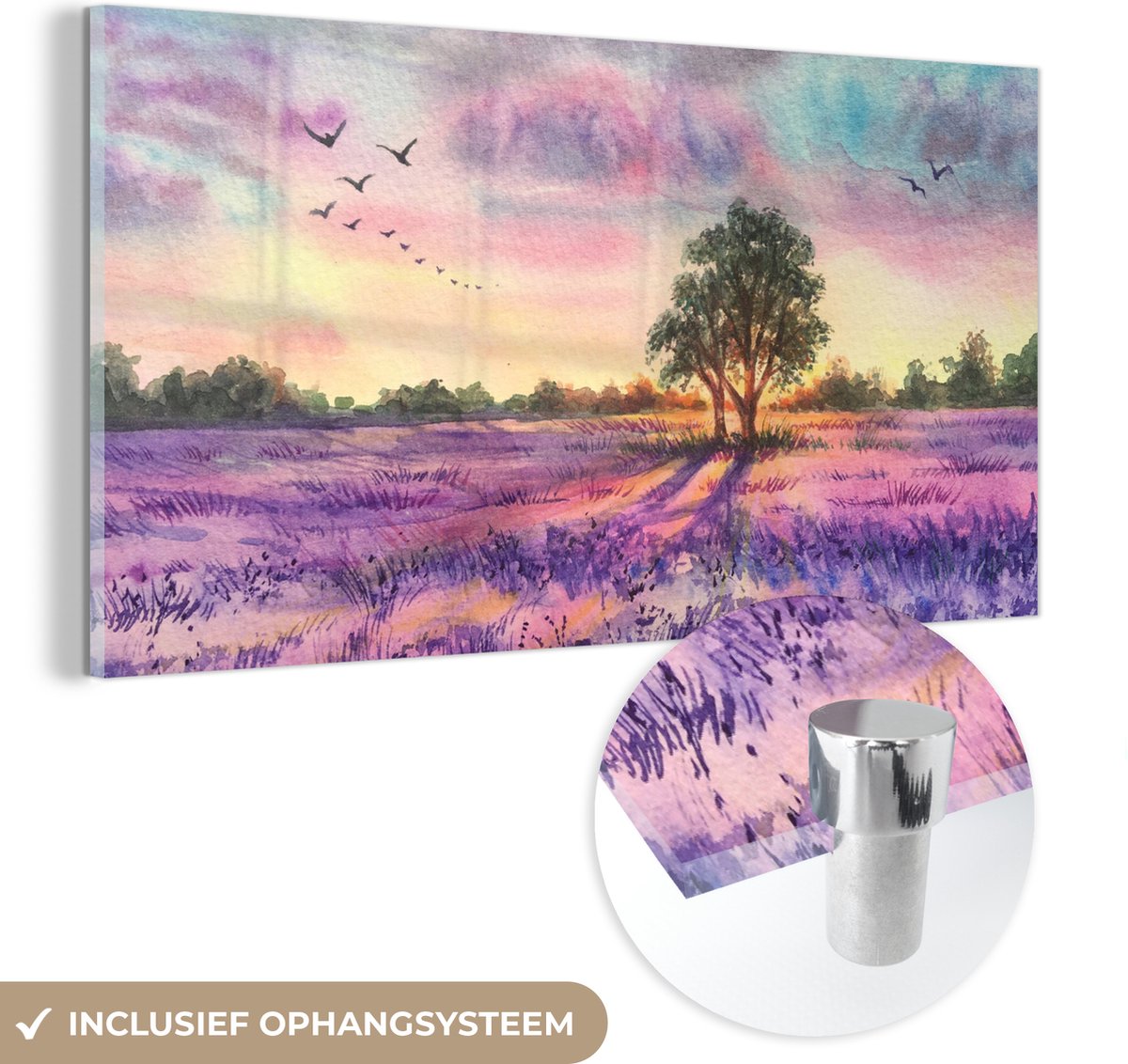 Glasschilderij - Lavendel - Verf - Bloemen - Vogel - Bomen - Foto op glas - Muurdecoratie - 160x80 cm - Acrylglas - Schilderij glas - Glasschilderij natuur - Wanddecoratie - Kamer decoratie