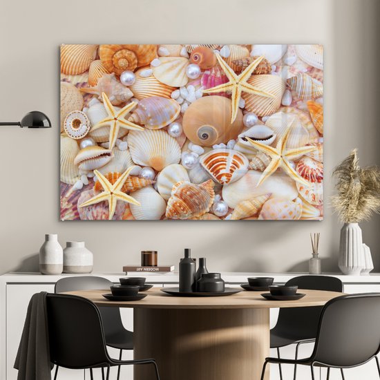 Peinture sur verre - Photo sur verre - Coquillage - Perles - Étoile de mer - Décoration murale - 90x60 cm - Peinture sur verre - Décoration murale - Photo sur verre - Peinture sur verre plage - Verre acrylique