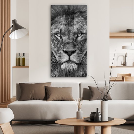 Peinture sur verre - Photo sur verre - Verre acrylique - Animaux sauvages - Lion - Zwart - Wit - 60x120 cm - Peinture sur verre lion - Peinture sur verre - Décoration chambre - Chambre