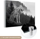 MuchoWow® Glasschilderij 120x80 cm - Schilderij acrylglas - Wolf - Bos - Zwart - Wit - Foto op glas - Schilderijen