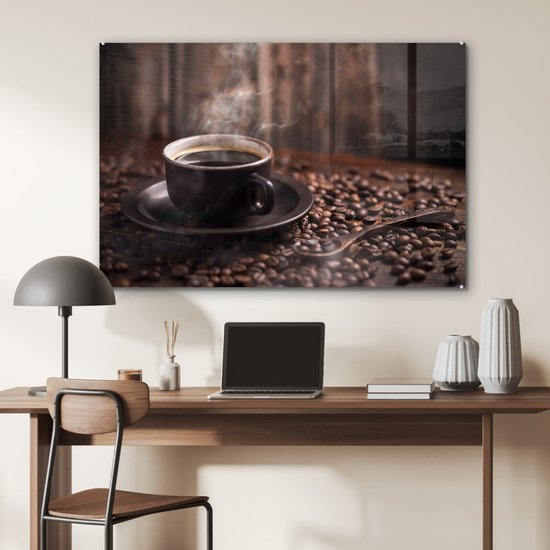 MuchoWow® Peinture sur Verre - Café - Chaud - Grains de café - 90x60 cm - Peintures sur Verre Acrylique - Photo sur Glas