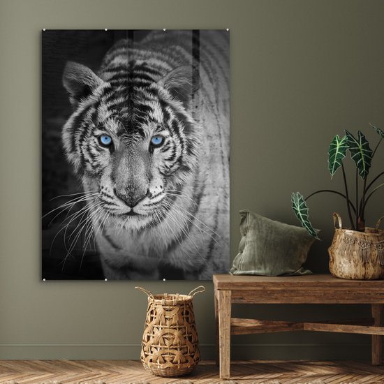 Peinture sur verre - Photo sur verre - Verre acrylique - Animaux - Tigre - Yeux - Blauw - 90x120 cm - Peinture sur verre tigre - Peinture sur verre noir et blanc - Décoration murale verre - Décoration murale animaux