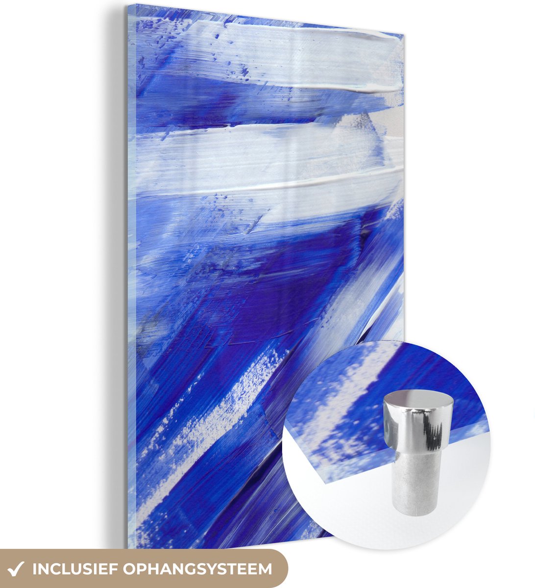 MuchoWow® Glasschilderij 60x90 cm - Schilderij acrylglas - Verf - Design - Blauw - Foto op glas - Schilderijen
