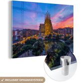 MuchoWow® Glasschilderij 90x60 cm - Schilderij acrylglas - Kerk - Zonsondergang - Barcelona - Foto op glas - Schilderijen