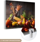 MuchoWow® Glasschilderij 40x30 cm - Schilderij acrylglas - Groente - Fruit - Rustiek - Tafel - Foto op glas - Schilderijen