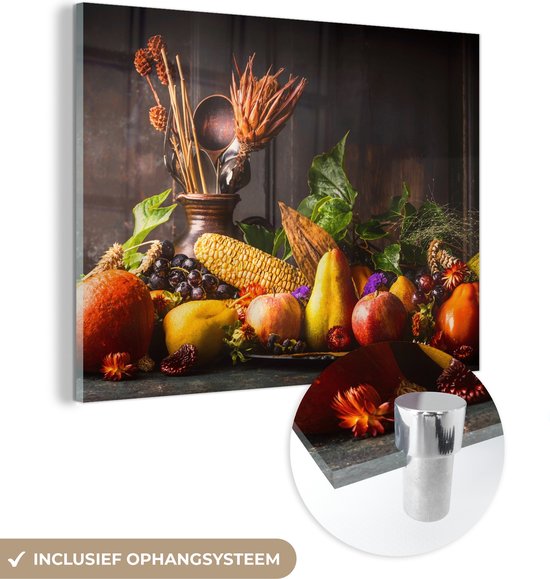 MuchoWow® Glasschilderij - Groente - Fruit - Rustiek - Tafel - Acrylglas Schilderijen - Foto op Glas