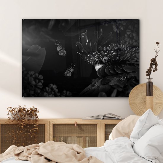 Glasschilderij - Jungle - Vogel - Vlinder - Bloemen - 90x60 cm - Acrylglas Schilderijen - Foto op Glas - Slaapkamer decoratie