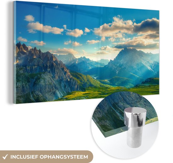 MuchoWow® Glasschilderij 120x60 cm - Schilderij acrylglas - Alpen - Zon - Natuur - Foto op glas - Schilderijen