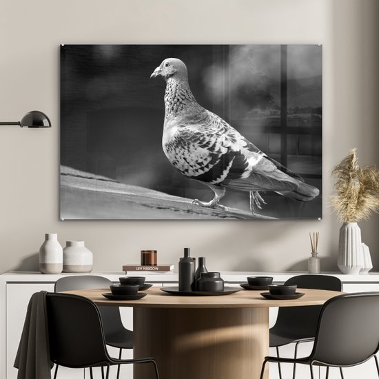Peinture sur verre MuchoWow® - Pigeon voyageur sur un toit - noir et blanc - 120x80 cm - Peintures sur verre acrylique - Photo sur Glas