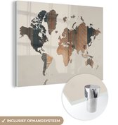 MuchoWow® Glasschilderij 80x60 cm - Schilderij acrylglas - Wereldkaart - Hout - Plank - Foto op glas - Schilderijen