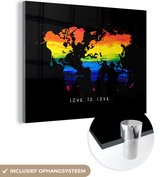 MuchoWow® Glasschilderij 80x60 cm - Schilderij acrylglas - Wereldkaart - Regenboog - Liefde - Foto op glas - Schilderijen