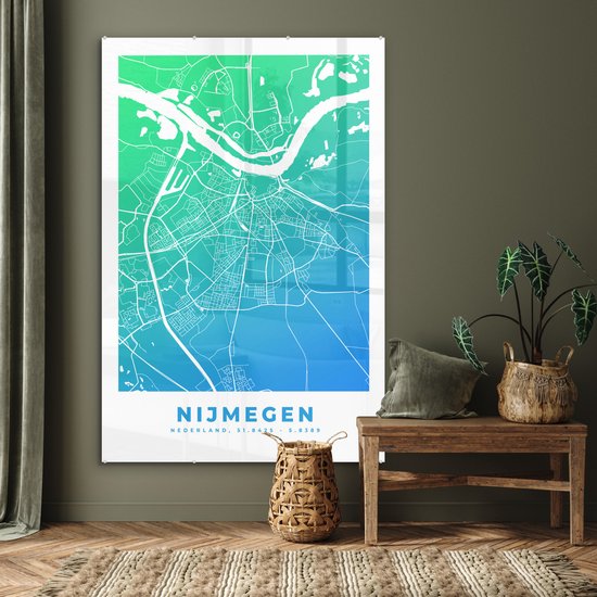 MuchoWow® Glasschilderij 100x150 cm - Schilderij acrylglas - Stadskaart - Nijmegen - Blauw - Groen - Foto op glas - Schilderijen - Plattegrond