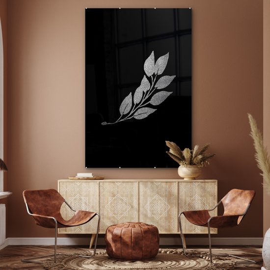 MuchoWow® Peinture sur Verre - Branche avec feuilles allongées sur fond noir - noir et blanc - 100x150 cm - Peintures sur Verre Acrylique - Photo sur Glas