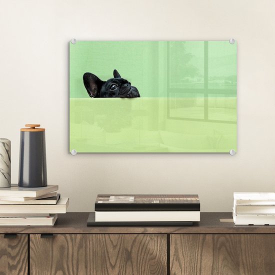 ® Glasschilderij 30x20 cm - Schilderij acrylglas - Franse Bulldog - Groen - Zwart - Foto op glas - Muurdecoratie woonkamer - Wanddecoratie slaapkamer - Schilderijen