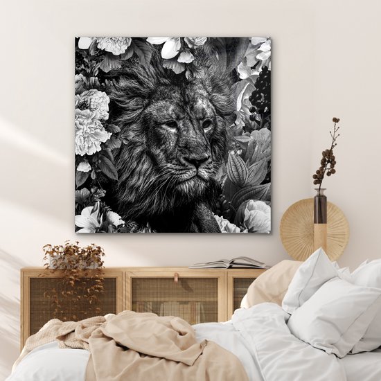 Peinture sur Verre - Lion - Fleurs - Feuille - Zwart - Wit - 90x90 cm - Peintures sur Verre Peintures - Photo sur Glas