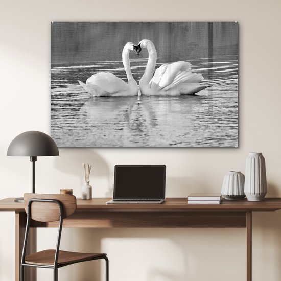 Peinture sur verre - Deux cygnes sur l'eau - noir et blanc - 120x80 cm - Peintures sur Verre Acrylique - Photo sur Glas