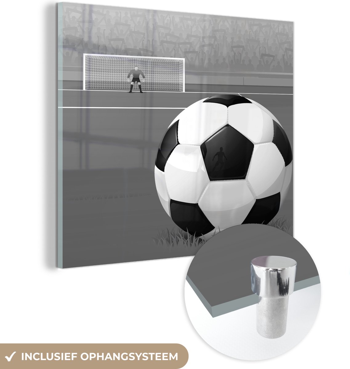 ® Glasschilderij 50x50 cm - Schilderij acrylglas - Een illustratie van een voetbal op het veld in het stadion - Jongens - Meiden - Kids - Foto op glas - Muurdecoratie woonkamer - Wanddecoratie slaapkamer - Schilderijen